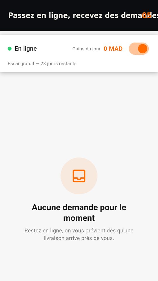 Mode transporteur en ligne, en attente de demandes